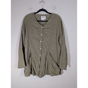 Flax Top Women Sz M Sage Button Down 100% Linen Long Sleeve Lagenlook Tunic